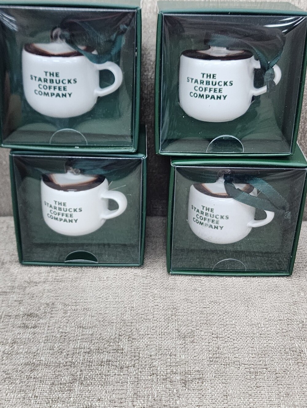 Starbucks White Mini Coffee Cup Ornaments with Green Boxes (Set of 4)